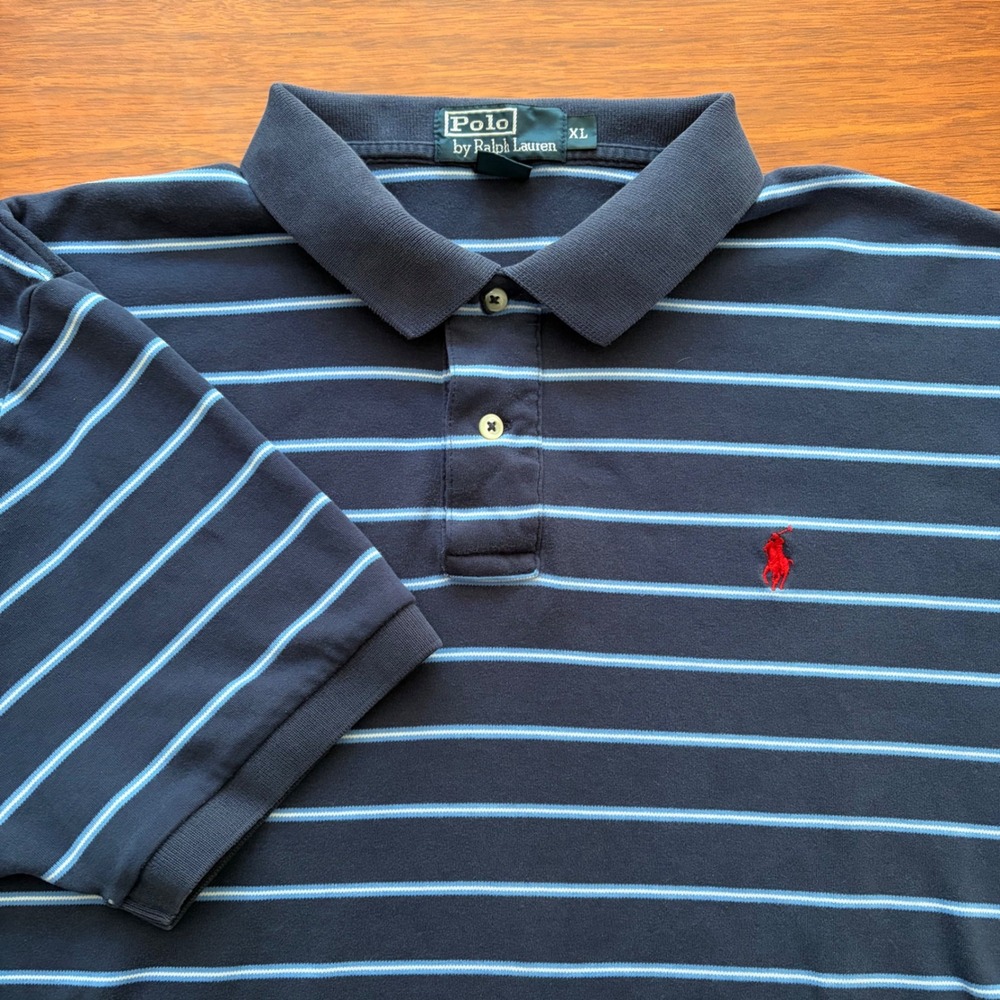 Polo Ralph Lauren Mens XL Navy Blue Light Blue Striped Short Sleeve Polo Shirt